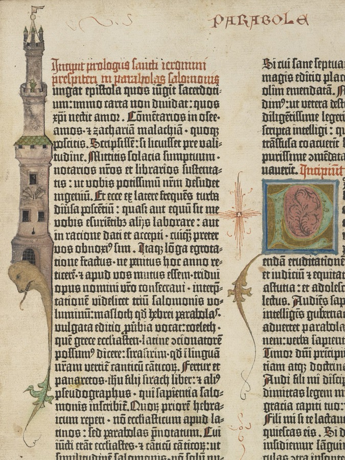 A leaf from the Gutenberg Bible with gothic type and an illuminated initial
