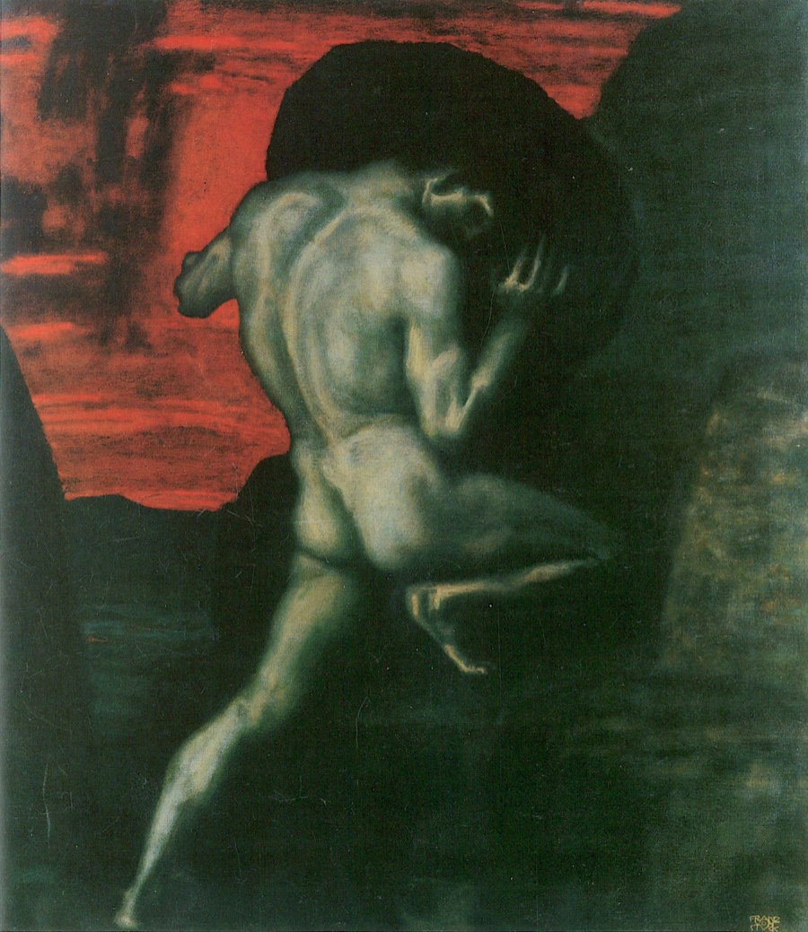 Sisyphus straining under a huge dark boulder against a red sky